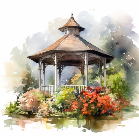 Gazebo Painting Ideas, Mural Art Design, Watercolor House Painting, Watercolor Art Landscape, Watercolor Paintings Nature, Building Painting, Watercolor Architecture, Watercolor Subjects, Watercolor Paintings For Beginners