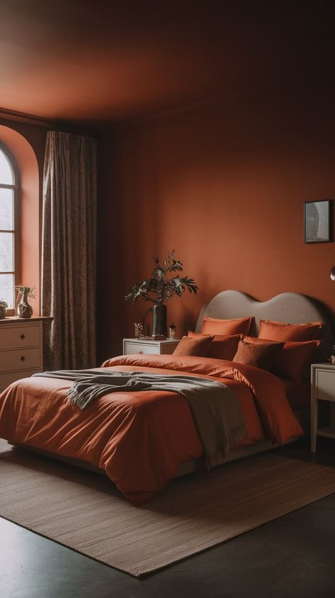 40  Moody and Chic Bedroom Ideas - Mattress Nut Spa Inspired Bedroom, Earthy Modern Bedroom, Moody Bedrooms, Orange Painted Walls, Dark Romantic Bedroom, Cool Loft Beds, Moody Bedroom Ideas, Earthy Modern, Modern Bedroom Ideas