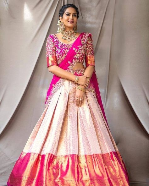 Traditional Half Saree, Pink Half Sarees, Long Frocks For Girls, Saree Ceremony, Langa Voni, Half Saree Function, Simple Lehenga, Lehenga Saree Design, Half Saree Lehenga