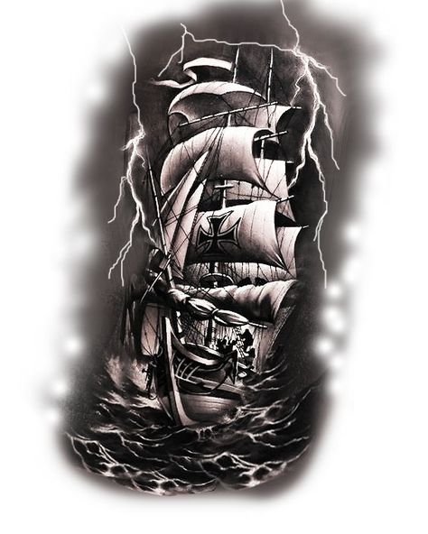 Pirate Ship Tattoo Design, Ship Tattoo Sleeves, Pirate Ship Tattoos, Nautical Tattoo Sleeve, Pirate Ship Tattoo, Arm Tattoos Drawing, Storm Tattoo, Realistisches Tattoo, Boat Tattoo