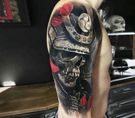 Samurai Skull tattoo by Eliot Kohek | Photo 23874 Japanese Skull Tattoo, Samurai Skull Tattoo, Eliot Kohek, Skull Samurai, Samurai Tattoo Sleeve, Side Arm Tattoos, Guerriero Samurai, Koi Tattoo Design, Inner Arm Tattoos