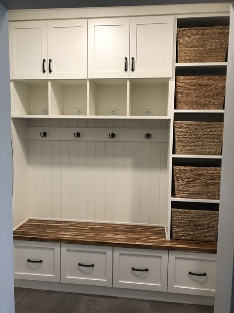 Cubby Storage Ideas Laundry Room, Hallway With Storage Cabinets, Mudroom Bench Cabinets, Garage Spaces Ideas, Half Bathroom Mudroom Combo, Laundry Mud Room Closet, Cubbies By Front Door, Above Toilet Storage Cabinet Rustic, Mud Rooms With Storage