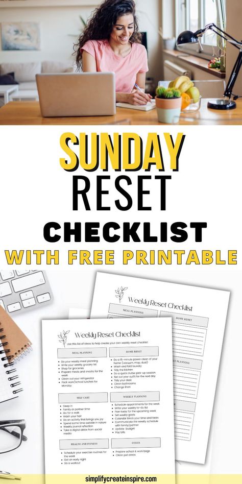 Creating your own Sunday reset routine can help give you a greater sense of control over the week ahead. Reset routine and weekly routine. Free printable checklist. Sunday Reset Routine Cleaning, Reset Your Life Checklist, Weekly Todo List Free Printables, Sunday Night Reset Routine, Sunday Night Reset, Weekend Reset Checklist, Sunday Cleaning Routine, Sunday Prep For The Week, Sunday Reset Checklist