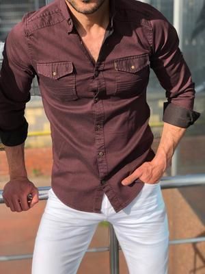 Yellow Shirt Men, Mens Fashion Style, Fitted Denim Shirt, Menswear Details, Simple Casual Outfits, Summer 19, Mens Fashion Business, Men Fashion Casual Shirts, Claret Red