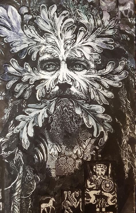 Green Man Art Celtic, Green Man Linocut, Cernunnos Tattoo, Green Man Tattoo, Herne The Hunter, Sacred Masculine, Green Knight, Pagan Art, Mystical Art