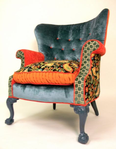 Funky Upholstered Chairs, Wing Chair Upholstery Ideas, Refurbished Armchair, Upcycled Armchair, Chair Reupholstery, Chair Art, Funky Chairs, Whimsical Furniture, Nascar Driver