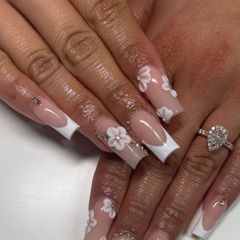 Bridal Nails For Black Women, Wedding Nails Ideas For The Bride, Oval Wedding Nails For Bride, Brides Nails, Nails With 3d Flowers, Acrylic French Tip Nails, Nails For Brides, Acrylic French Tip, 70 Wedding