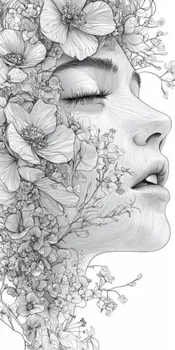 ↑↑↑ Larger size on website 🔸 A black and white line art drawing of a woman's face surrounded by delicate flowers. Her eyes are cl Portraits With Flowers, Women Drawings, Delicate Artwork, Black And White Line Art, Book Diary, White Line Art, Eye Sketch, Line Art Drawing, Black And White Lines