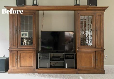 Painted Entertainment Center, Long Entertainment Center, Painted Entertainment Centers, Large Entertainment Center, Old Entertainment Centers, Room Focal Point, Wood Entertainment Center, Diy Entertainment, Entertainment Center Redo