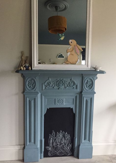 Faux Fireplace Kids Room, Painted Cast Iron Fireplace, Farrow And Ball Denimes, Faux Fireplace Bedroom, Cast Iron Fireplace Bedroom, Victorian Bedroom Fireplace, 1930s Fireplace, Fireplace Painted, Mirror Fireplace