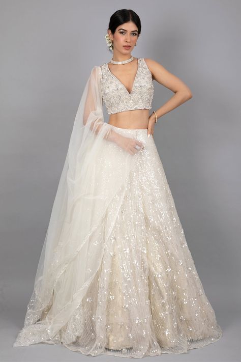 Ivory White Shimmery Lehenga with Embroidered Blouse & Silver Highlights - Seasons India Shimmery Lehenga, Silver Highlights, Kids Blouse, Unstitched Suits, Elegant Look, Wedding Mood Board, Wedding Mood, Saree Styles, Ivory White