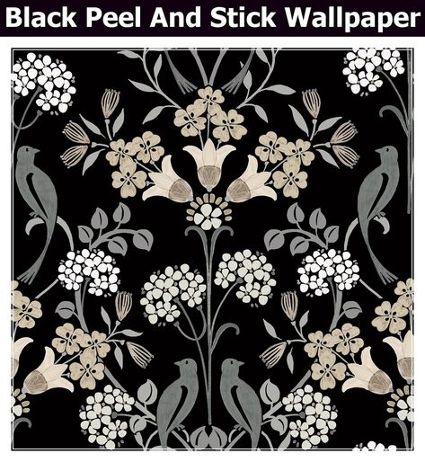 NuWallpaper Black and Neutral Meadow Song Peel and Stick Wallpaper, NUS6095 Master Bath Wallpaper, Wallpaper Hacks, Black Peel And Stick Wallpaper, Bath Wallpaper, Neutral Florals, Wallpaper Walls, Brewster Wallcovering, Walls Decor, Chic Wallpaper