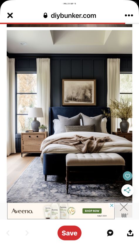 Luxurious Bedrooms Master, Moody Modern, Blue Bedspread, Dark Blue Bedrooms, Camper Reno, Dark Blue Walls, Moody Bedroom, Bedrooms Decor, Blue Furniture