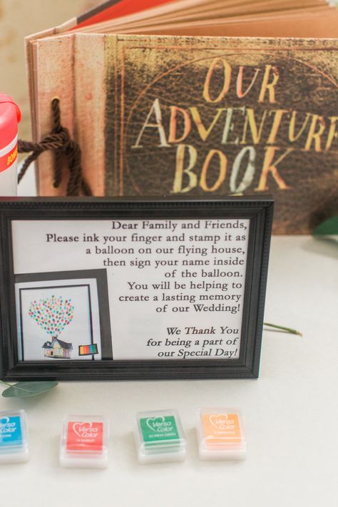 Up Guest Book Wedding, Wedding Themes Books, Up Guest Book, Disney Up Wedding Theme, Up Movie Wedding Theme, Up Theme Wedding Ideas, Up Theme Bridal Shower Disney Up, Disney Wedding Guest Book, Up Themed Wedding Decorations