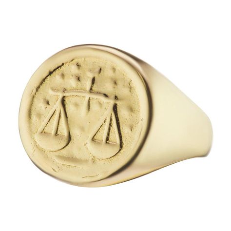 MANIAMANIA Zodiac Signet ring in 14k Yellow Gold with Libra Zodiac symbol motif, Size 6. *This ring is ready to ship, however ALL STAR-SIGNS ARE AVAILABLE TO SPECIAL ORDER (4-5 weeks). This statement signet style ring was hand made in NYC. The coin features a Zodiac motif for Libra in 14k Yellow gold, finished in a perfectly worn antique look. The front coin motif measures 25mm in diameter. This Zodiac Signet ring is a bold statement piece, with a bohemian air. All diamonds and gemstones are con Libra Zodiac Symbol, Gold Lion, Gold Elephant, Symbolic Jewelry, Zodiac Symbols, Libra Zodiac, Memento Mori, Recycled Gold, Hand Made Jewelry