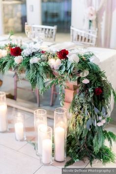 Winter wedding reception table garland with roses and greenery  sweetheart table candle decor inspiration {Nicole DeTone Photography} Winter Wedding Sweetheart Table Ideas, Sweetheart Table Wedding Winter, Winter Sweetheart Table Wedding, Christmas Sweetheart Table Wedding, Christmas Wedding Sweetheart Table, Winter Wedding Sweetheart Table, Winter Wedding Garland, Table Candle Decor, Sweetheart Table Garland