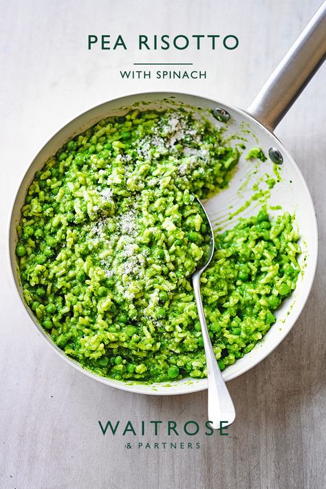 This pea risotto with spinach is a healthier vegetarian option. Serve with cheese and freshly ground pepper for extra flavour. Tap to see the full Waitrose recipe. Leek And Pea Risotto, Green Pea Risotto, Pea Risotto Recipes, Waitrose Recipes, Pea Risotto, Spinach Risotto, Easy Risotto, Risotto Recipes Easy, Spinach Recipe