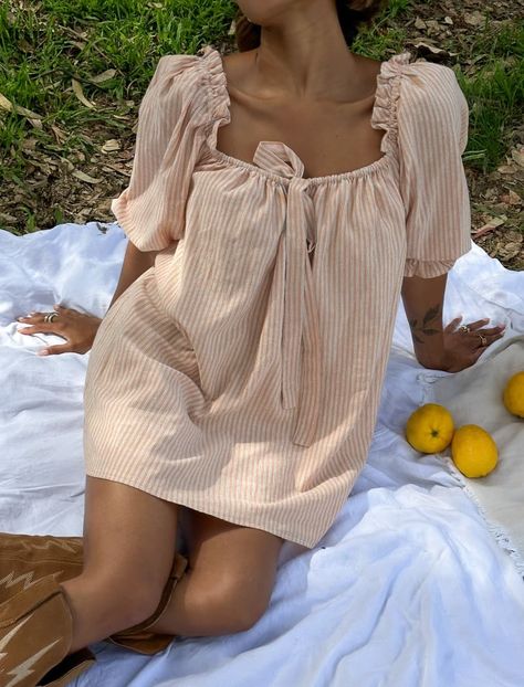 Darling Mini Dress | Bermuda Stripe Fitted Ruffle Dress For Summer, Bermuda Vacation Outfits, Southern Summer Outfits, Bermuda Outfits, Babydoll Dress Outfit, Picnic Aesthetic Outfit, Vest Ideas, Striped Summer Dress, Picnic Outfit