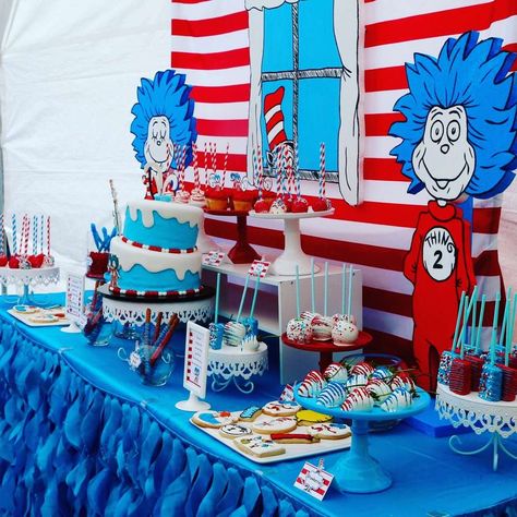 Thing One and Thing  Two Birthday Party Ideas | Photo 1 of 24 Two Birthday Party Ideas, Dr Seuss Baby Shower Decorations, 2 Birthday Party Ideas, Twin Birthday Themes, Two Birthday Party, Twin Baby Shower Theme, Thing One And Thing Two, Doctor Suess Birthday, 2 Birthday Party