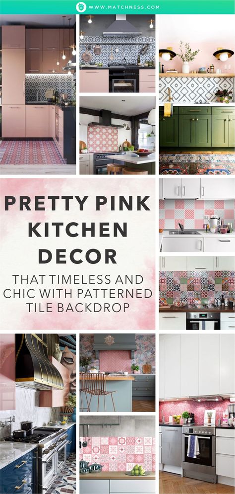 Pink Farmhouse Kitchen, Grey And Pink Kitchen Ideas, Pink Tiles Kitchen, Pink Backsplash Kitchen, Pink Kitchen Walls, Chevron Backsplash, Kitchen Elements, Kitchen Dining Room Combo, Pink Kitchen Decor