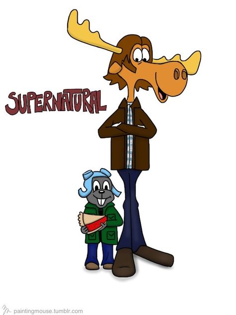 Supernatural= Rocky and Bullwinkle Supernatural Cartoon, Moose And Squirrel, Rocky And Bullwinkle, Boy Walking, The Fallen Angel, Winchester Boys, Supernatural Memes, Supernatural Fans, Sam Dean