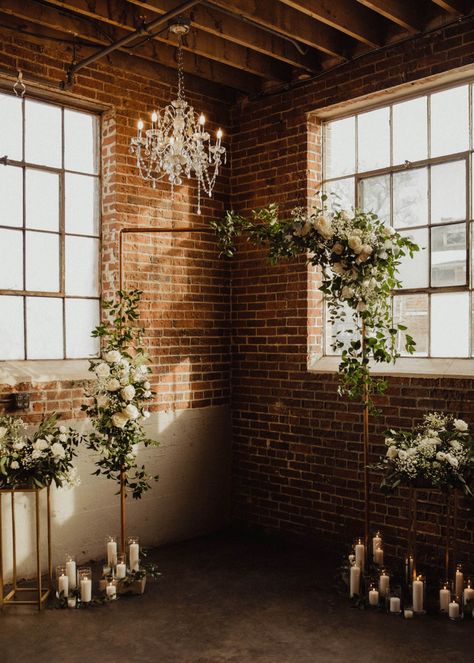 Industrial Ceremony Decor, Alter Inspiration Wedding, Exposed Brick Wedding Venue Decor, Minimal Ceremony Backdrop, Industrial Greenery Wedding, Industrial Loft Wedding Decor, Minimal Wedding Decor Ceremony Backdrop, Wedding Arch Industrial, Brick Wall Ceremony Backdrop