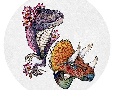 Dino Flower Tattoo, Dinosaur With Flowers Tattoo, T Rex Skull Tattoo Flower, Floral Dinosaur Tattoo, Jurassic Park Tattoo Traditional, Velociraptor Art, Rex Tattoo, Foyer Art, T Rex Tattoo