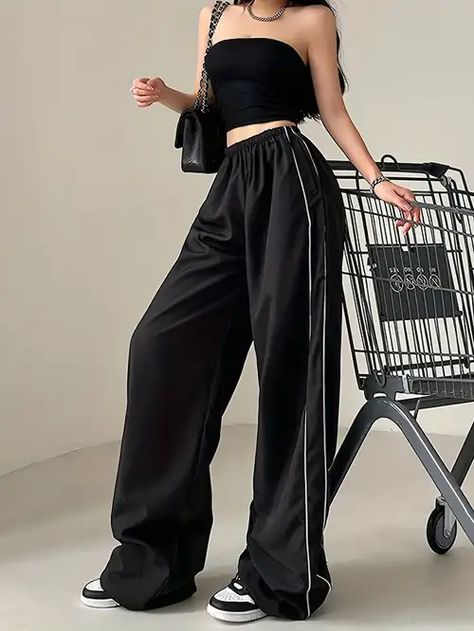 Temu | Explore the Latest Clothing, Beauty, Home, Jewelry & More Patchwork Cargo Pants, Quick Dry Pants, Low Rise Pants, Casual Chique, Women Streetwear, Pants Elastic Waist, Fall Wear, Black Sweatpants, Weave Style