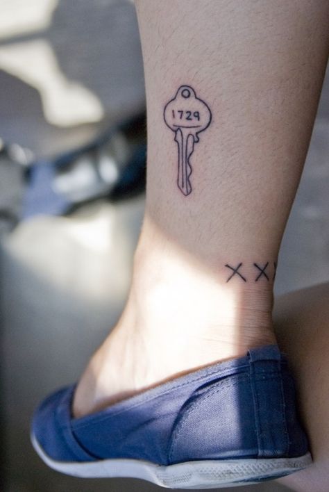 http://tattoomagz.com/numbers-tattoos/cute-key-tattoo-on-leg/ House Key Tattoo Designs, Apartment Number Tattoo, House Key Tattoo, House Number Tattoo, Key Tattoo Men, Key Tattoo Designs Vintage, Steampunk Key Tattoo, Crossed Keys Tattoo, Disney Key Tattoo