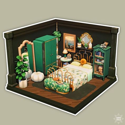 Sims 4 Maximalist Bedroom, Sims 4 Green Bedroom, Sims 4 Cottage Core Bedroom, Sims 4 Cozy Bedroom, Sims 4 Garden Ideas, Bedroom The Sims 4, Sims Bedroom, Movie Hangout, Sims Room