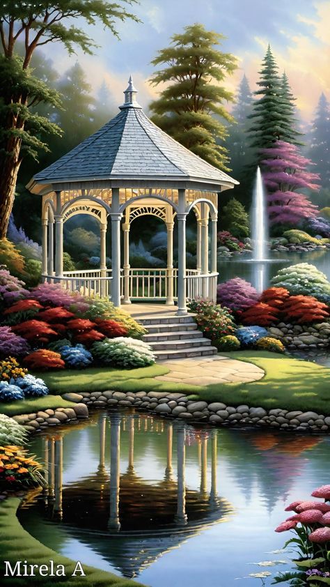 Painting Gazebo, Fantasy Gazebo Concept Art, Gazebo Painting, Gazebo Clipart, Miniature Gazebo, Mirela Anton, Garden Gazebo, Beautiful Flowers Pictures, Dream Art