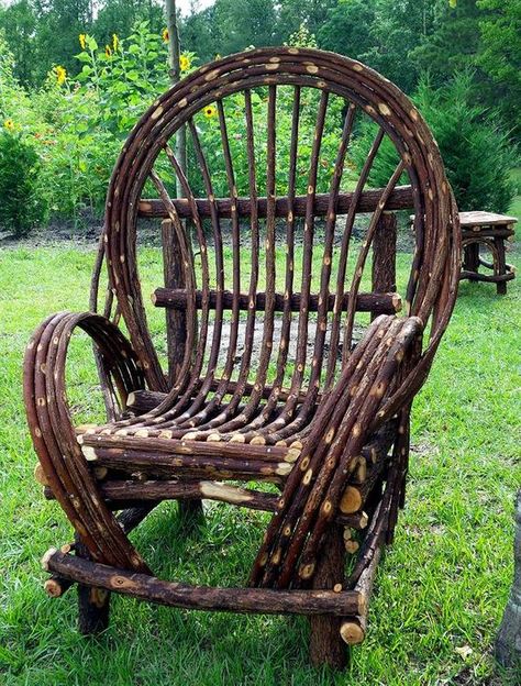 One handmade Rustic willow Chair Classic style branch twig willow Chair 45 height , 28”x28” Most comfortable willow chair available ! Please note shipping information. Perfect for your porch , deck , patio, fire pit or sun room .. anywhere a classy,natural, woodsy rustic look is wanted All of our Rustic Porches, The Rainbow Fish, Willow Furniture, Twig Furniture, Sticks Furniture, Willow Weaving, Branch Art, Bamboo Garden, Wooden Pergola