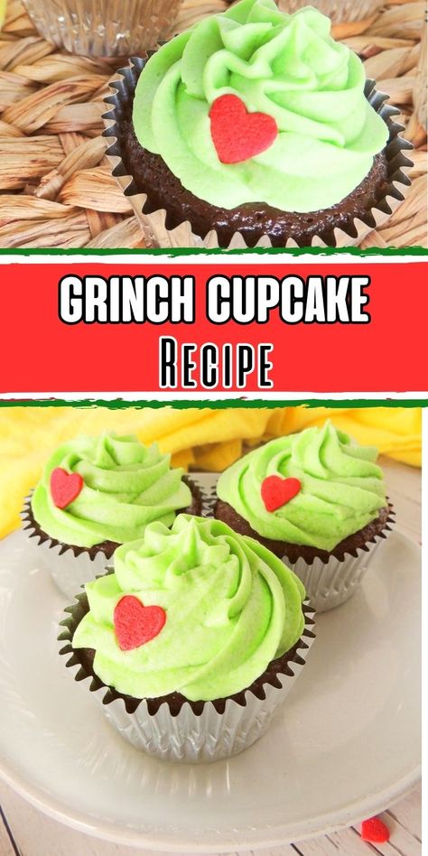 Try out this fun grinch cupcake idea.  This easy grinch cupcake recipe is a fluffy chocolate cupcake topped with green buttercream and a red candy heart. These grinch cupcakes are a fanastic christmas dessert. Santa Cupcakes Ideas, Grinch Cupcakes Easy, Grinch Cupcakes Ideas, Grinch Food Ideas, Grinch Desserts, Grinch Cupcakes, Xmas Snacks, Green Buttercream, Grinch Ideas