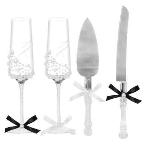 Bride And Groom Champagne Flutes, Pearl Champagne Flutes, Wedding Utensils, Bride And Groom Wine Glasses, Elegant Glasses, Wedding Cake Server Set, Cake Knife Set, Serrated Knife, Wedding Cake Knife