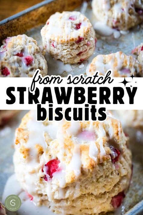 close up of glazed biscuit and pan full of strawberry biscuits out of the oven Easy Homemade Treats, Strawberry Biscuits, Easy Strawberry Shortcake, Fluffy Muffins, Delicious Breakfast Casserole, Easy Biscuit Recipe, Breakfast Cakes, Strawberry Breakfast, Sweet Glaze