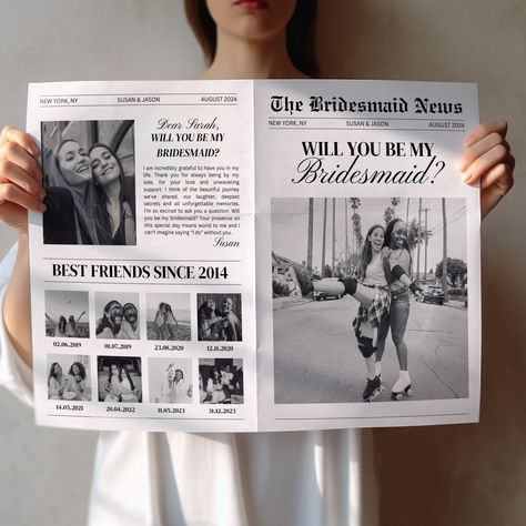 Bridesmaid Proposal Newspaper Template, Newspaper Flower Bouquet Wrap, Will You Be My Bridesmaid Card, Printable Bridesmaid Photo Card Bridesmaid Newspaper Proposal, Newspaper Bridesmaid Proposal, Newspaper Flower Bouquet, Newspaper Bouquet, Newspaper Flowers, Wedding Newspaper, Be My Bridesmaid Card, Newspaper Template, Bridesmaid Card