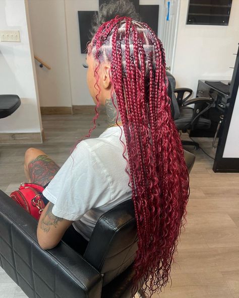 philly braider🌇💖 on Instagram: “use code CURLY30 for $30 off all bohemian knotless braids ➰💗 July books are now open! Book now↘️ @braidsbyjewel_ @braidsbyjewel_…” Red Bohieman Knotless Box Braids, Small Red Bohemian Knotless Braids, Long Red Boho Knotless Braids, Bright Red Knotless Braids, Red Boho Box Braids, Red Bohemian Knotless Braids, Bohemian Knotless Braids With Color, Bohemian Knotless Braids, Goddess Braids Hairstyles