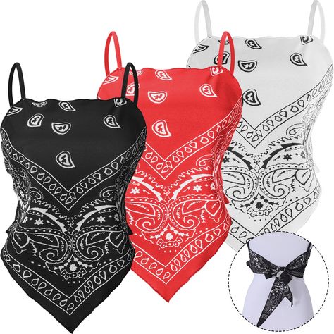 PRICES MAY VARY. Package Content: you will receive 3 pieces of women's paisley print tie tube tops in different colors, including black, red and white, the sufficient quantity and various colors enough to meet your daily using needs and replacement needs Design Details: our bandana tube top adopts asymmetrical handkerchief hem and halter tie knot design, and printed with paisley pattern, stylish and novelty, easy to make you stand out from the crowd; Besides, our top comes with an improved and a Bandana Clothes, Hanky Hem, Tube Tops, Tie Shirt, Knot Design, French Knot, Handkerchief Hem, 4th July, Tie Knots