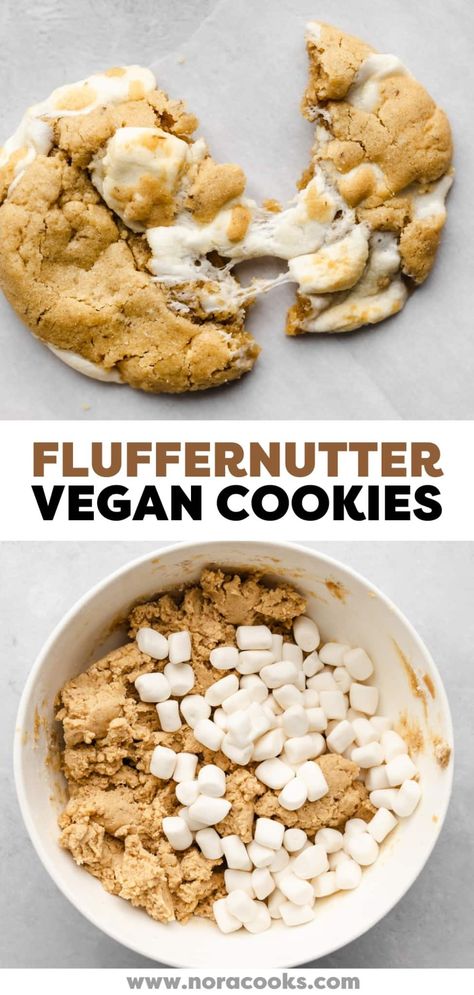 Fluffernutter Cookies, Nora Cooks, Vegan Baking Recipes, Vegan Cookies Recipes, Vegan Christmas, Lost 100 Pounds, Vegan Dessert Recipes, Vegan Treats, Vegan Sweets