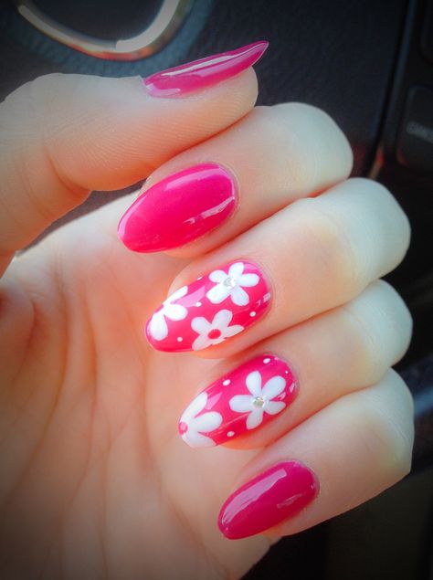 Summer bright pink gel nails with cute little flowers ))) Love them))) Summer Nails Pink Flower, Hot Pink Nails With Flower Design, Neon Pink Nails With Flowers, Bright Pink Summer Nails, Hot Pink Nails Flower, Bright Pink Flower Nails, Pink Toes With Flower Design, Pink Gel Nails Designs, Flower Toe Nails