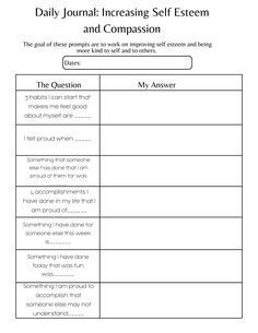 These daily journal prompts are designed to help increase self esteem and to increase self compassion. These journal prompts are great tool to add to therapy or to practice on your own. Self Esteem Journal Prompts, Self Esteem Journal, Increase Self Esteem, Improve Self Esteem, Life Coaching Worksheets, Relationship Worksheets, Journal Pages Printable, Self Advocacy, Daily Journal Prompts