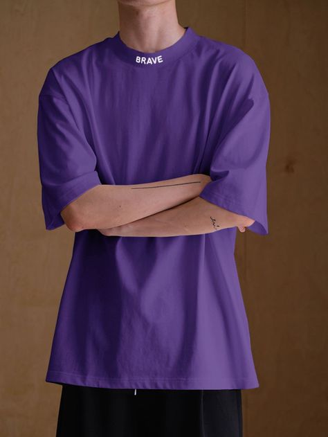 Purple Casual Collar Short Sleeve Fabric Letter  Embellished Slight Stretch  Men Tops Purple Tshirt Outfits Men, Purple Tshirt Outfits, Boys Streetwear, Baggy Tshirt, Purple Tshirt, Wearing Purple, Oversized Tee Shirt, Purple Tee, Purple Outfits