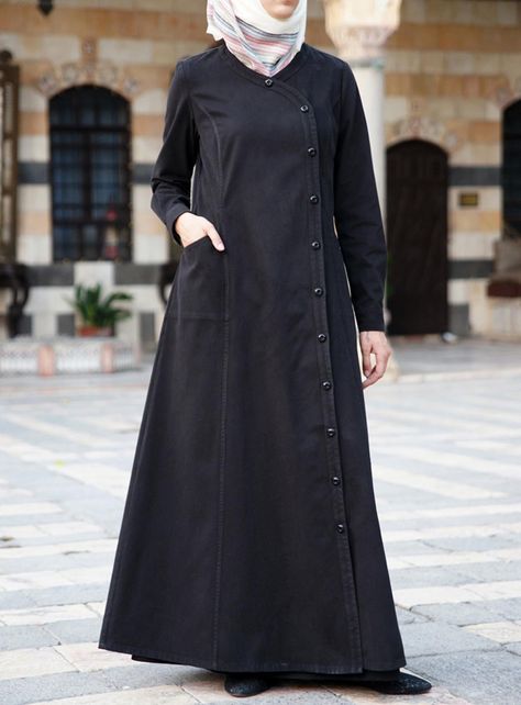 Love the Buttons on this Comfortable Jilbab from www.shukrclothing.com Abaya Designs Simple, Abaya Coat, Simple Abaya Designs, Burqa Designs, Dress Coat Outfit, Latest Abaya, Simple Abaya, Fashion Abaya, Simple Frock Design