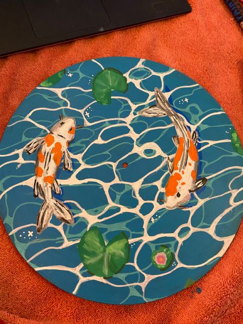 Plate Painting Aesthetic, Koi Fish Pottery Painting, Cool Pottery Painting Ideas, Koi Fish Pottery, Koi Fish Bowl, Koi Fish Painting, Pottery Coasters, Koi Painting, Painting Pottery