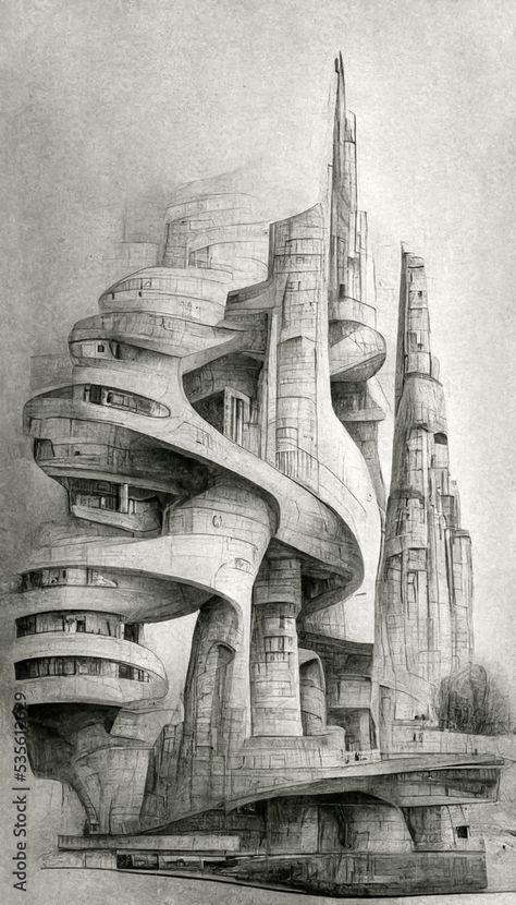 Structural Drawing Building, Futuristic City Drawing, Fantasy Alien, Alien City, Perspective Drawing Architecture, Easy Drawing Steps, Stairs Architecture, Building Drawing, Architecture Design Sketch