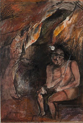 'TIN MINE - SEATED MINER WAITING' | Graham Sutherland: 'Eyes wide open in the darkness, holding his rock drill and clad in very little (except his helmet and a pair of shorts), this Geevor miner embodies the tough, physical nature of his work, becoming part of the rock itself.' (pic. + text Penlee House Gallery & Museum) ✫ღ⊰n Floyd Collins, Graham Sutherland, John Minton, Neo Romantic, Gallery Museum, House Gallery, Phil Collins, English Artists, 20 Century