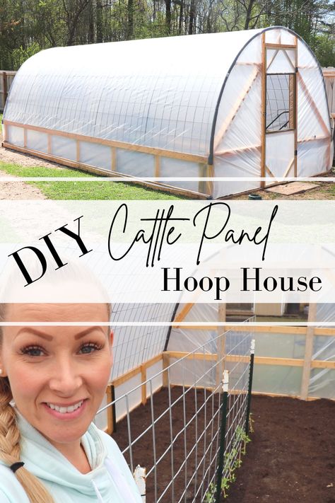 A great addition to your homestead. This DIY cattle panel hoop house will protect your garden from pests & the outside elements. It’s easy to build & best of all, it won’t break the bank! Hoop House Chickens, Tunnel Greenhouse, Hoop House, Cattle Panels, Diy Greenhouse Plans, Outdoor Greenhouse, Greenhouse Shed, Build A Greenhouse, Homestead Gardens