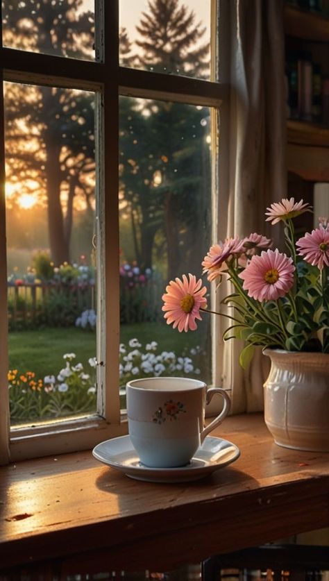 Simple Rustic Table, Aesthetic Window View, Tea Outside, Rainy Window, An Open Window, Summer Nature Photography, Peaceful Garden, Rustic Cafe, Outside The Window