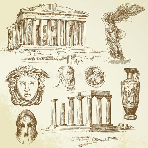 Ancient Greece Architecture, Greece Drawing, Greece People, Greece Tattoo, Greek Drawing, Ancient Greece Art, Greece Architecture, Greek Architecture, Greece Art