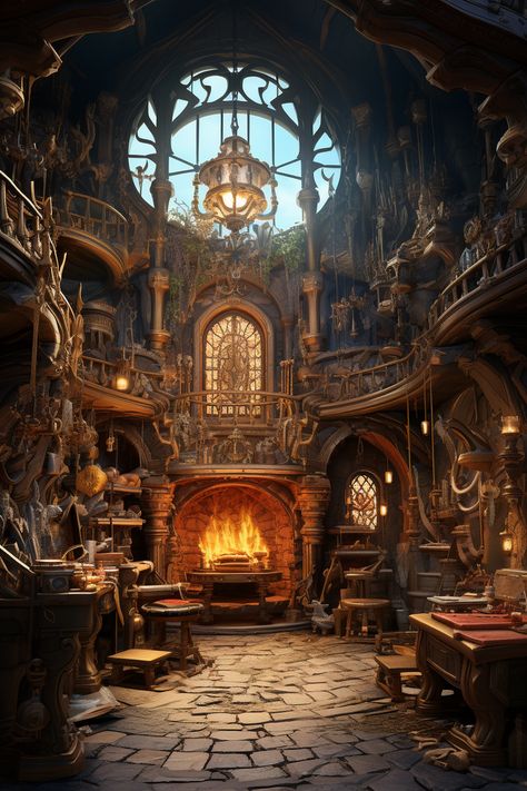 Fantasy Forge Art, Fantasy Castle Throne Room, Fantasy Manor Concept Art, Fantasy Workshop Concept Art, Fantasy Forge Concept Art, Interior Fantasy Art, Forge Aesthetic, Mythical Backgrounds, Fantasy Marketplace